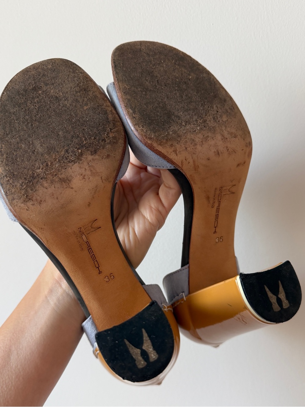 Moreschi Italy Dusty Lavender Suede & Mustard Patent Block Heel Sandals Size 36 - Picture 6 of 8